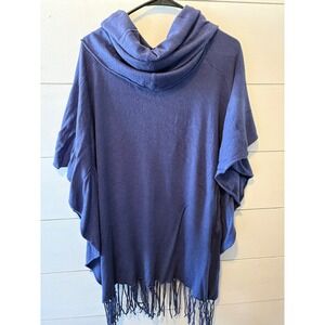 Lovestitch Womens Cowl Neck Hooded Fringe Poncho Sweater Blue One Size